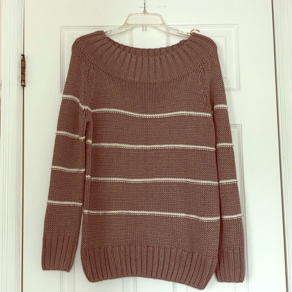 Striped sweater, taupe, wide neck